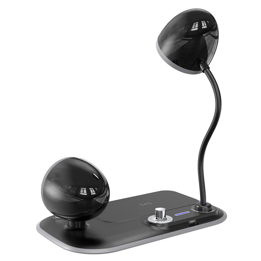 Three-in-one clock wireless charger desk lamp with 49 white LED beads, ABS material, black colour option