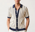White men's short sleeve knitted shirt with lapel collar and asymmetric design