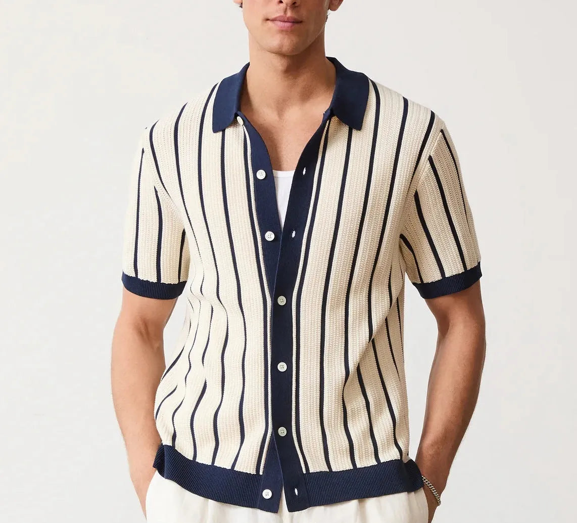 White men's short sleeve knitted shirt with lapel collar and asymmetric design