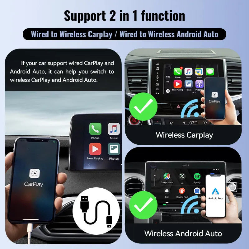 Black mini wireless CarPlay USB interface adapter measuring 26×55×13 mm