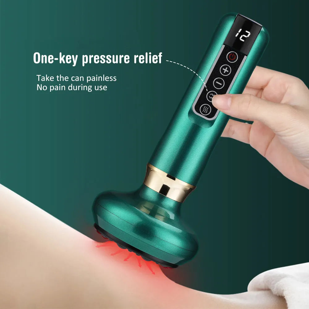 Green electric vacuum cupping massager with suction cup head on a white background