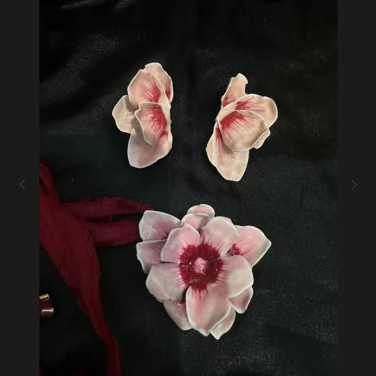 Pastoral style alloy floral stud earrings with oil-spot glaze in blue, green, purple, and rose colours