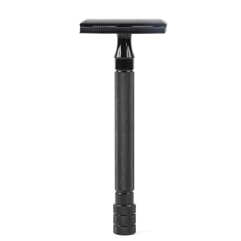 Traditional manual pogonotomy metal shaver scraper and brush set in black or silver finish