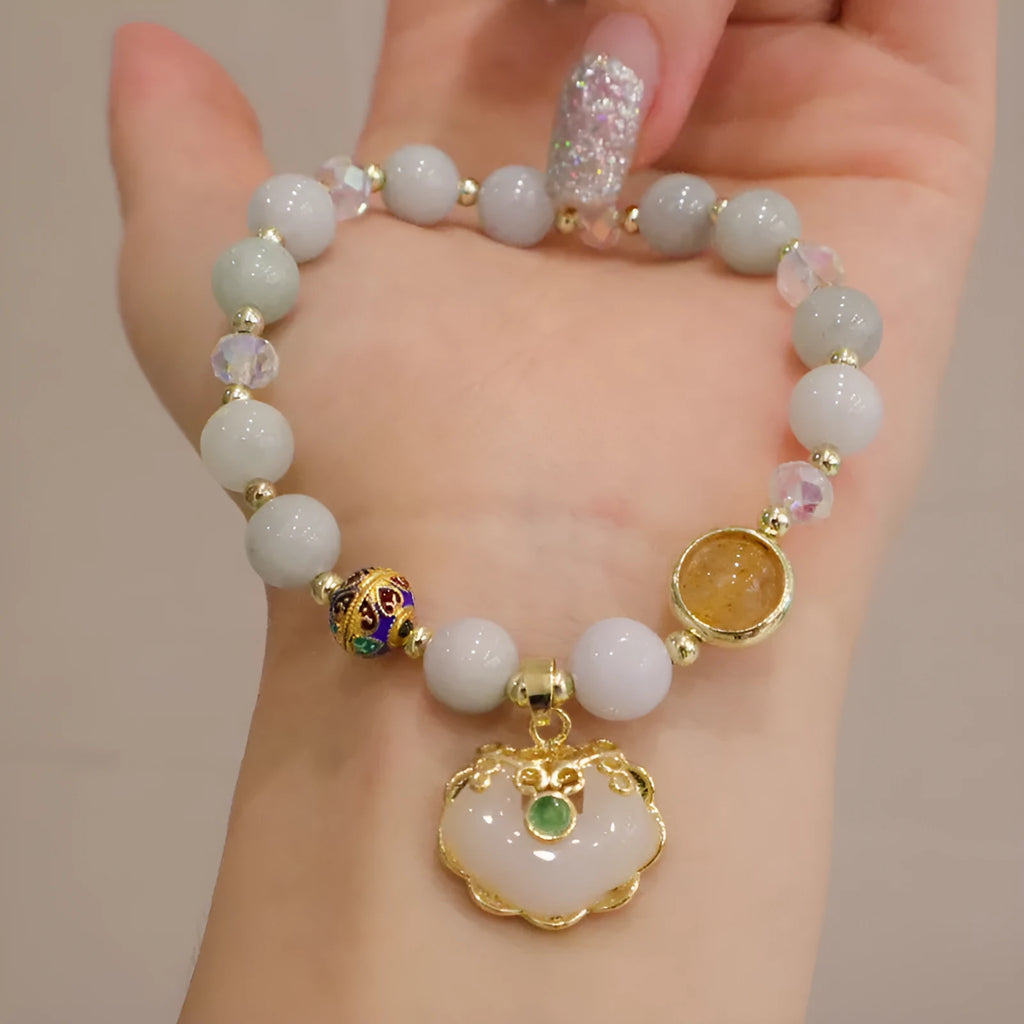 Strawberry Quartz and Gray Jade geometric national style bracelet with metal decoration