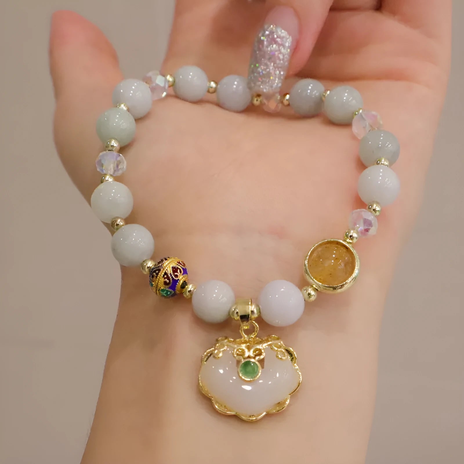 Strawberry Quartz and Gray Jade geometric national style bracelet with metal decoration