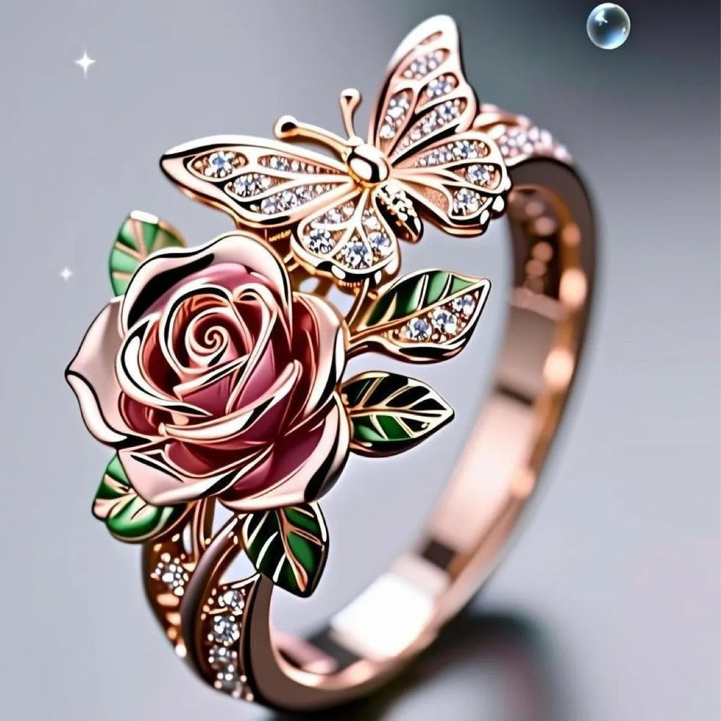 Adjustable fairy style ring with colourful oil-drip butterfly pendant and floral elements