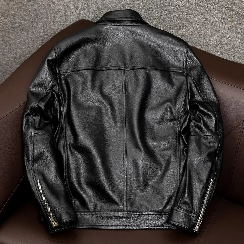 Men's black plus-size loose-fit PU leather lapel jacket with side pockets.