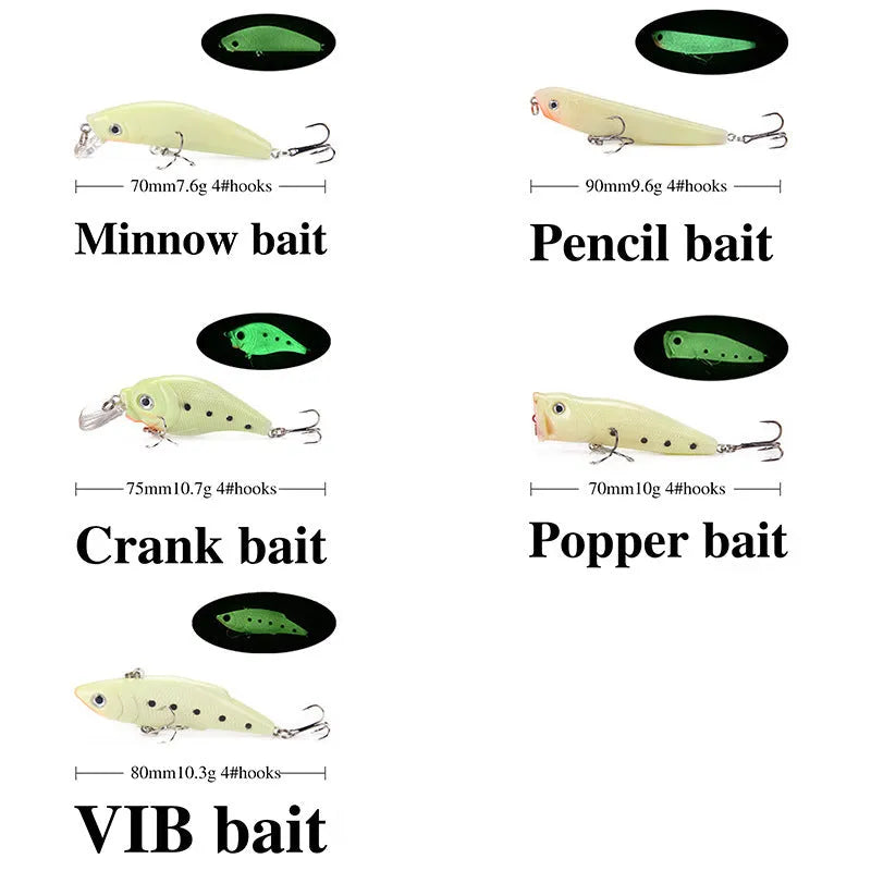Five 3D fluorescent hard bait fishing lures with luminous finish for bass and perch fishing