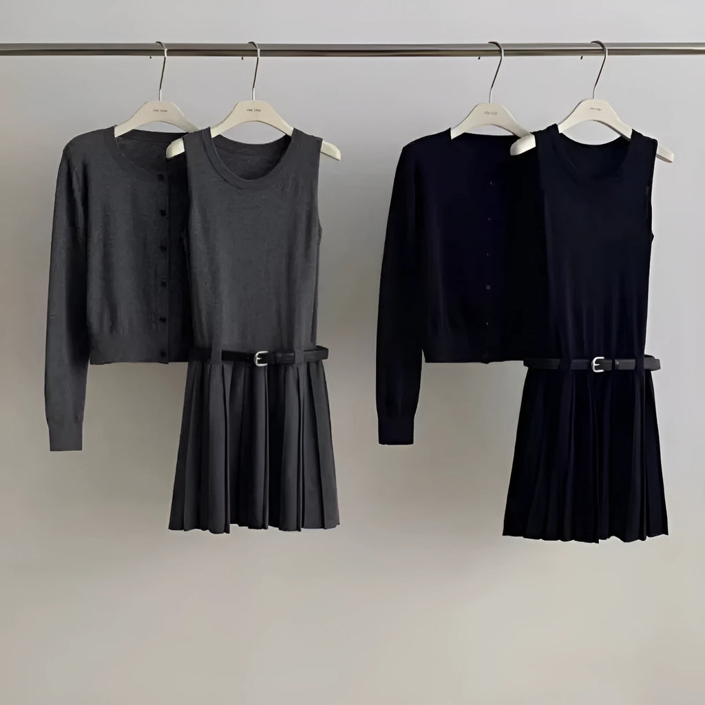 Women's art retro knitted two-piece set with vest skirt and long-sleeved cardigan