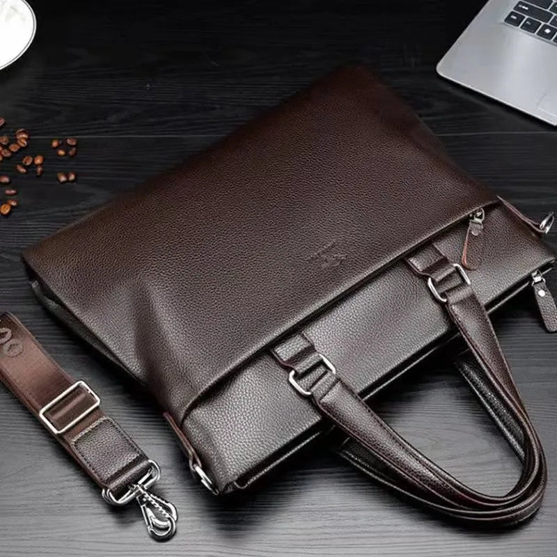Black and brown PU leather men's messenger bag showing 35cm width and crossbody strap.