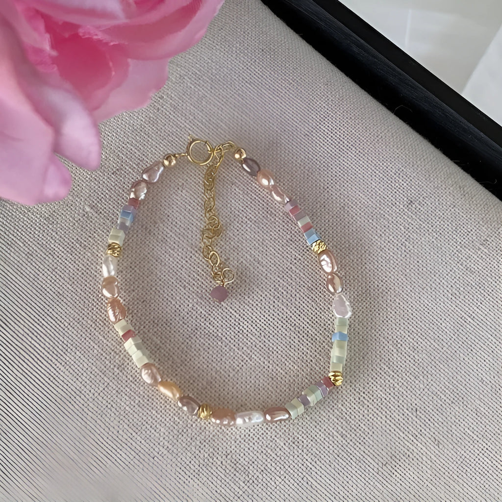 Handmade natural pearl bracelet and necklace set with 14K gilded purple silver accents and irregular pendant