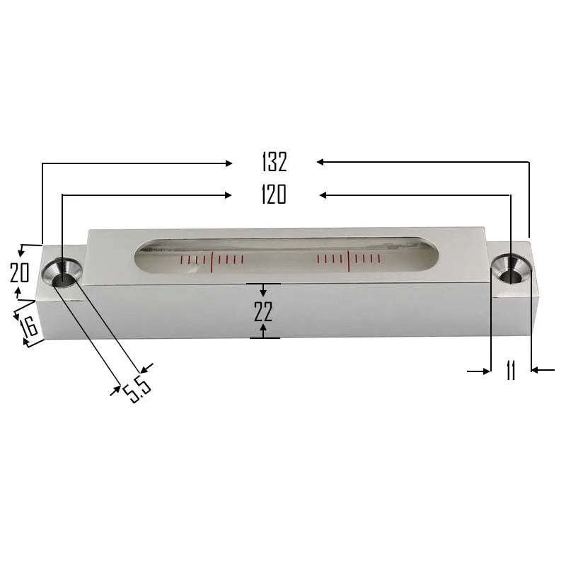 Metal and glass precision mini spirit level measuring 132mm, for machine tool and decoration alignment.