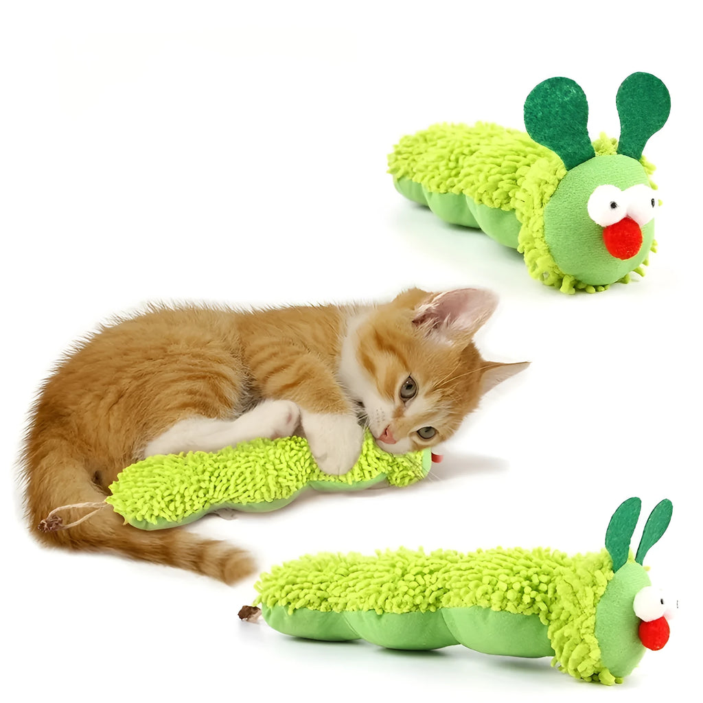 Green interactive plush cat toy pillow with rechargeable electronic mechanism