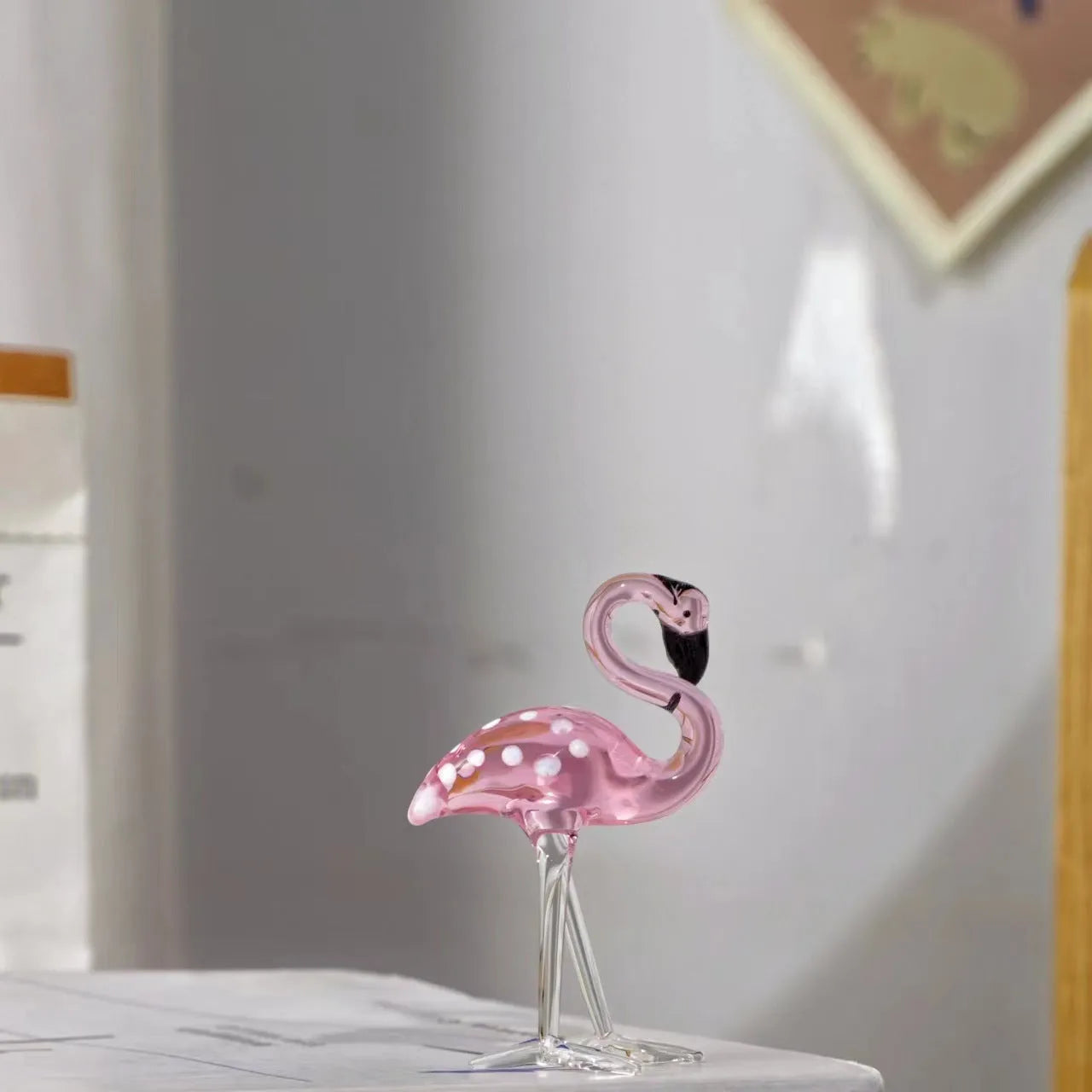 Pink crystal flamingo decorative craft with white crystal material on table display