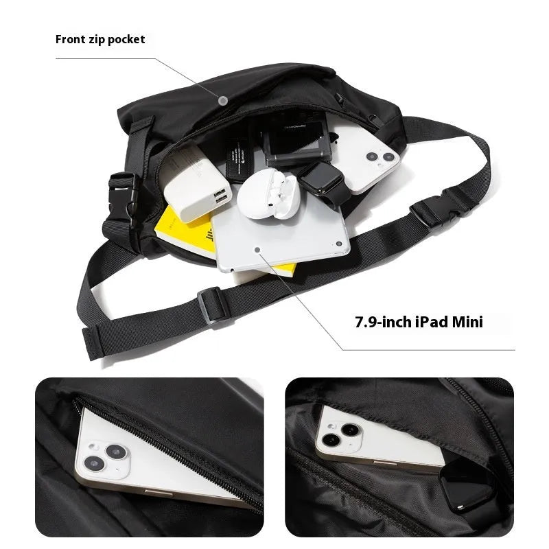 Men's black Oxford fabric slanted chest bag with sewing line detail, 8-inch size, worn across chest