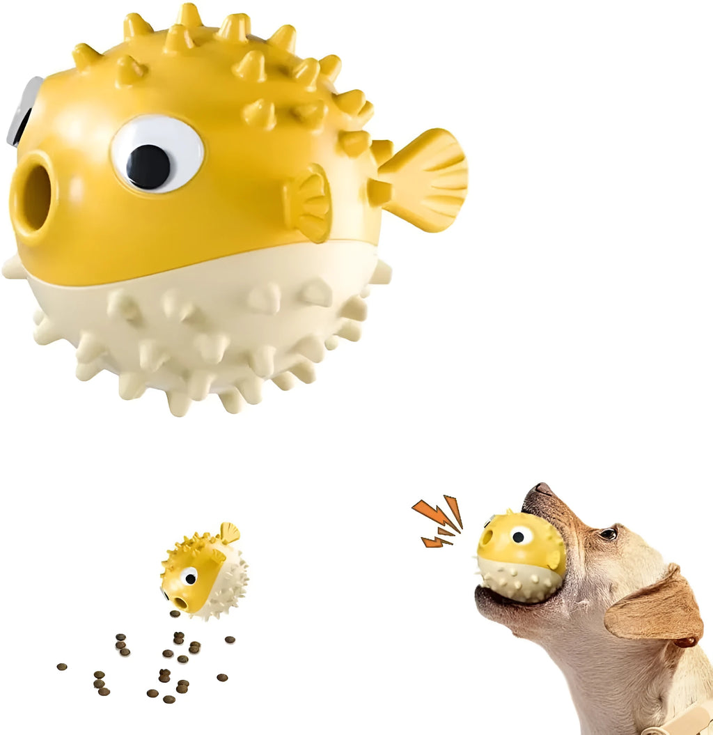 Green fish-shaped interactive dog toy with textured surface for treat dispensing and dental cleaning