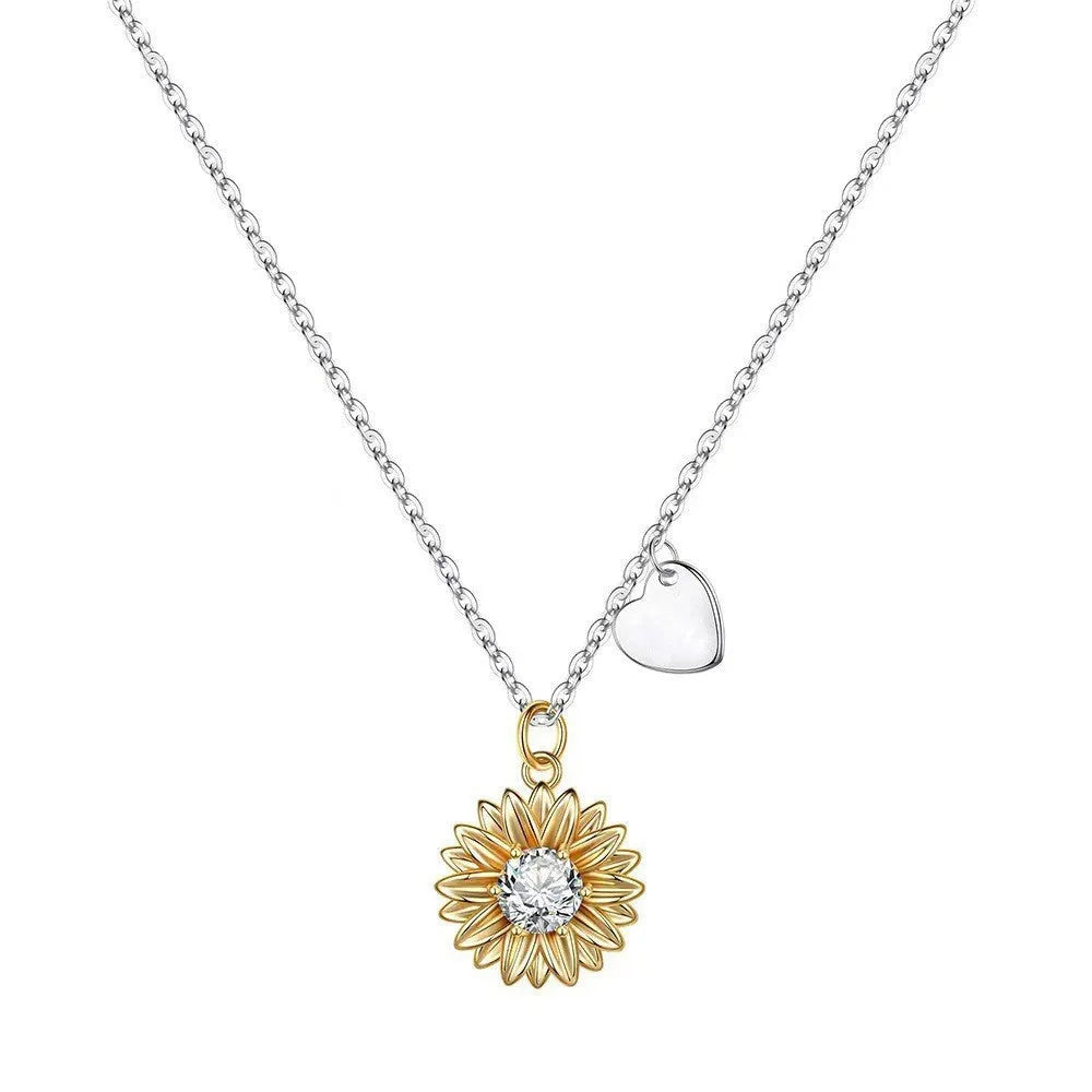 925 silver sunflower necklace with geometric daisy pendant on cross chain, adjustable 21-50cm length
