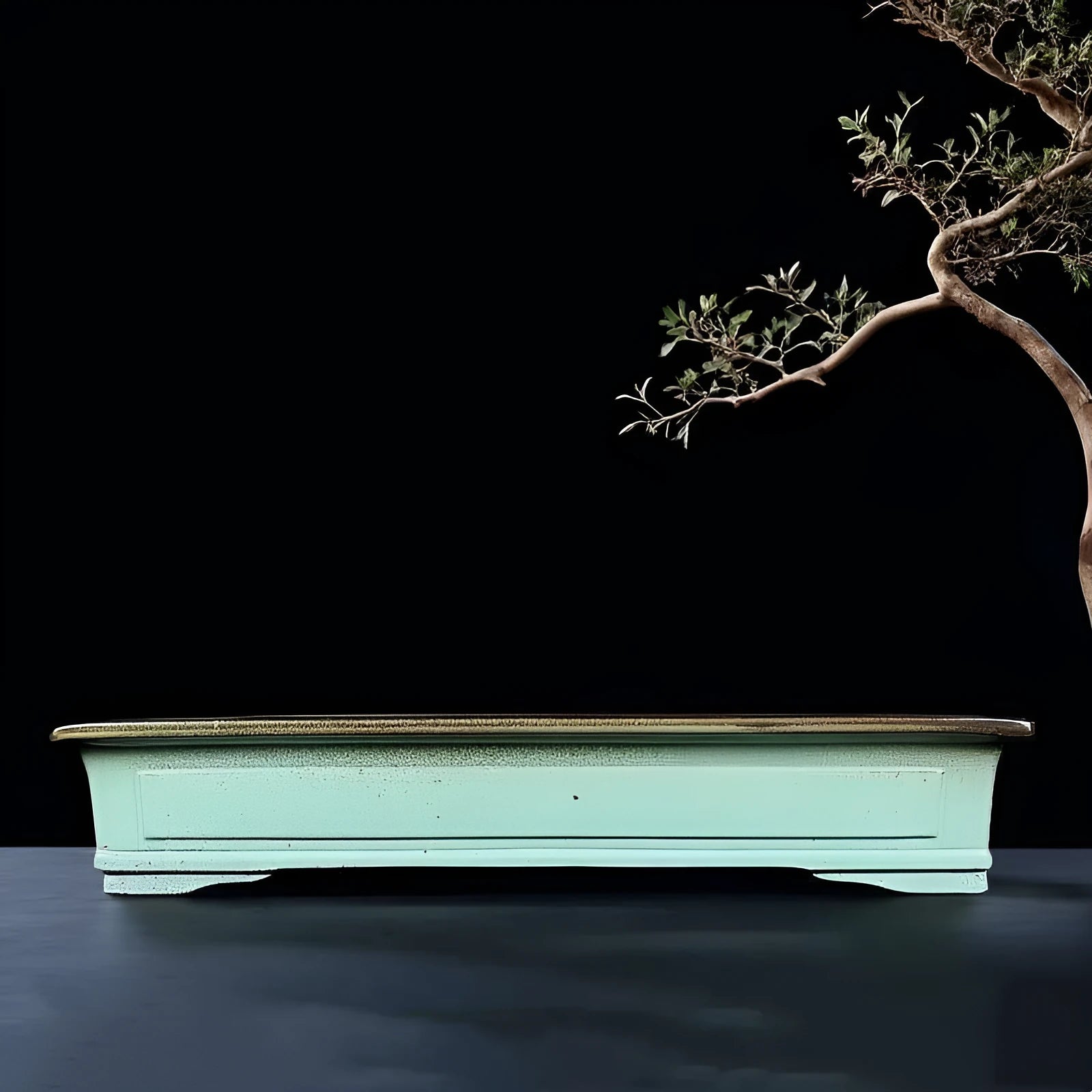 Green handmade ceramic bonsai pot with retro crackled glaze