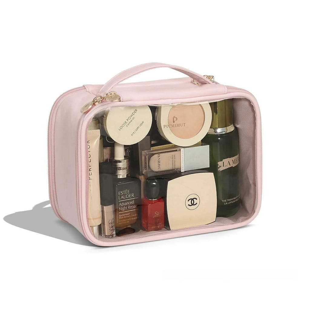 Transparent PVC cosmetic bag in pink portable style with waterproof and expandable storage features
