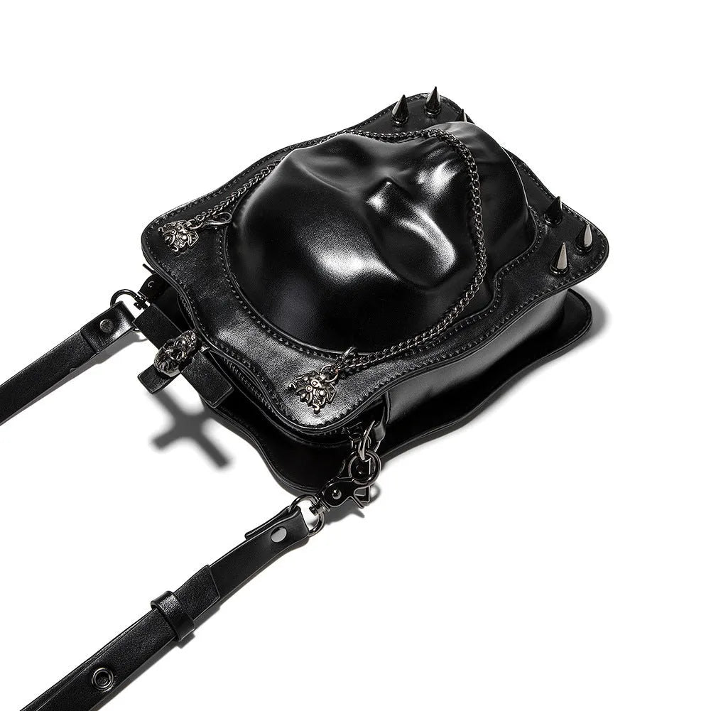 Black gothic skull mini square crossbody messenger bag with chain strap and zip opening