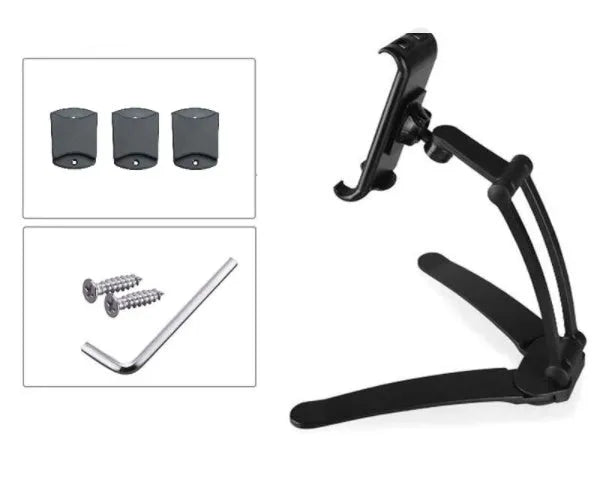 Silver aluminum desktop tablet stand with white ABS base, showing adjustable clip holding a tablet.