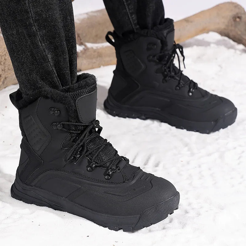 Men's black fleece-lined high-top lace-up work boots with a flat heel and ribbed sole.