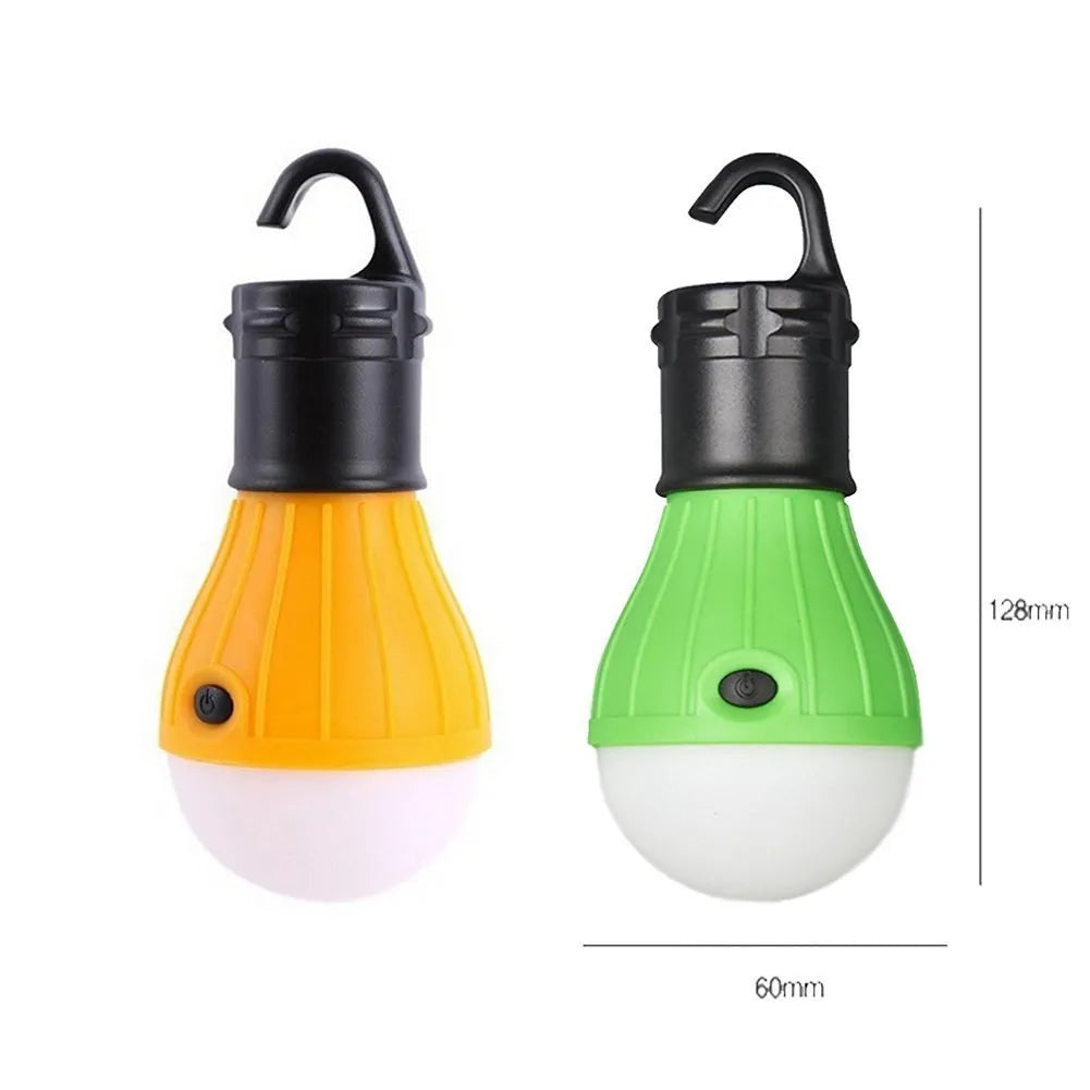 A portable LED camping light with a hanging hook, shown in blue, displaying its compact size.