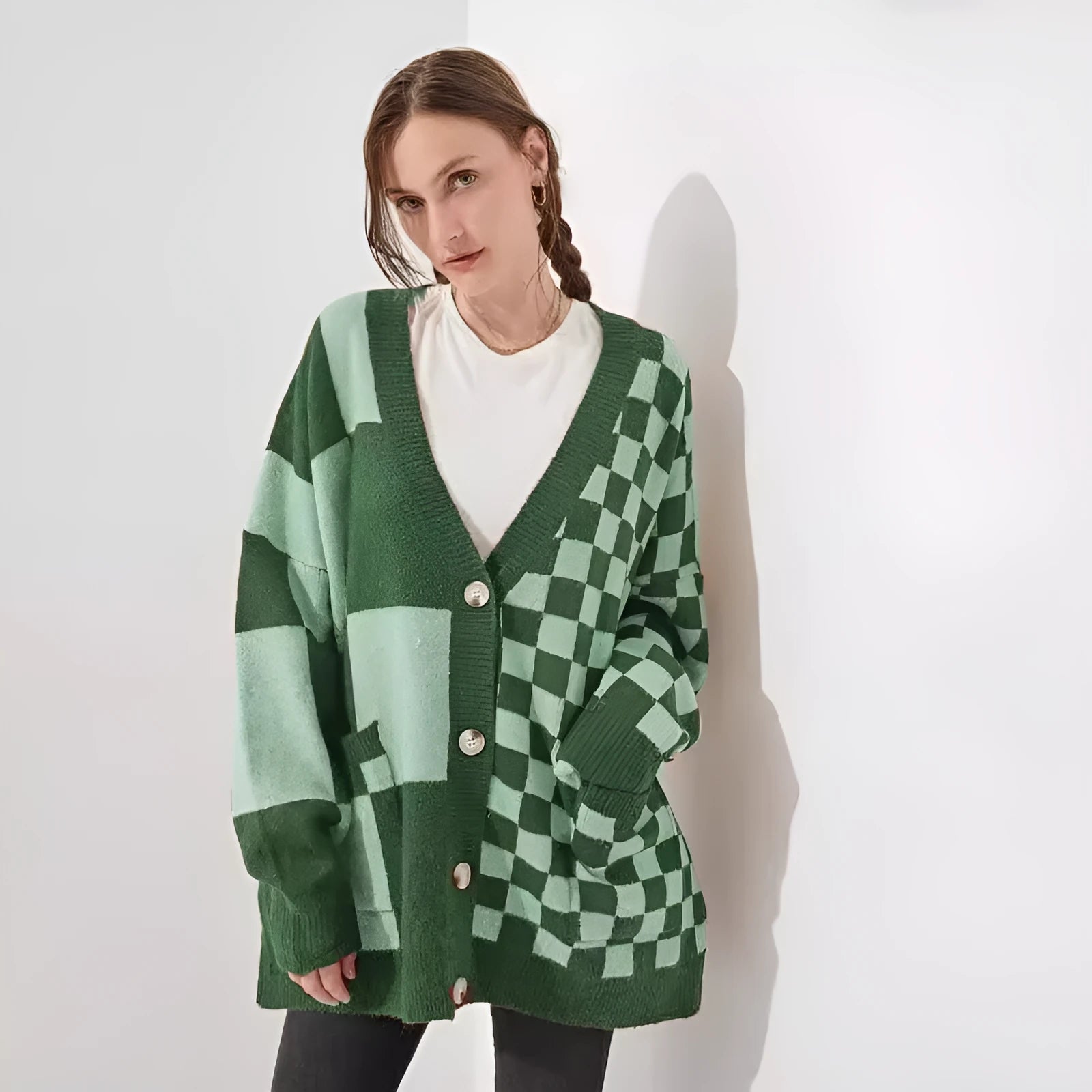 Loose fit printed checks knitwear cardigan in gray with regular sleeves