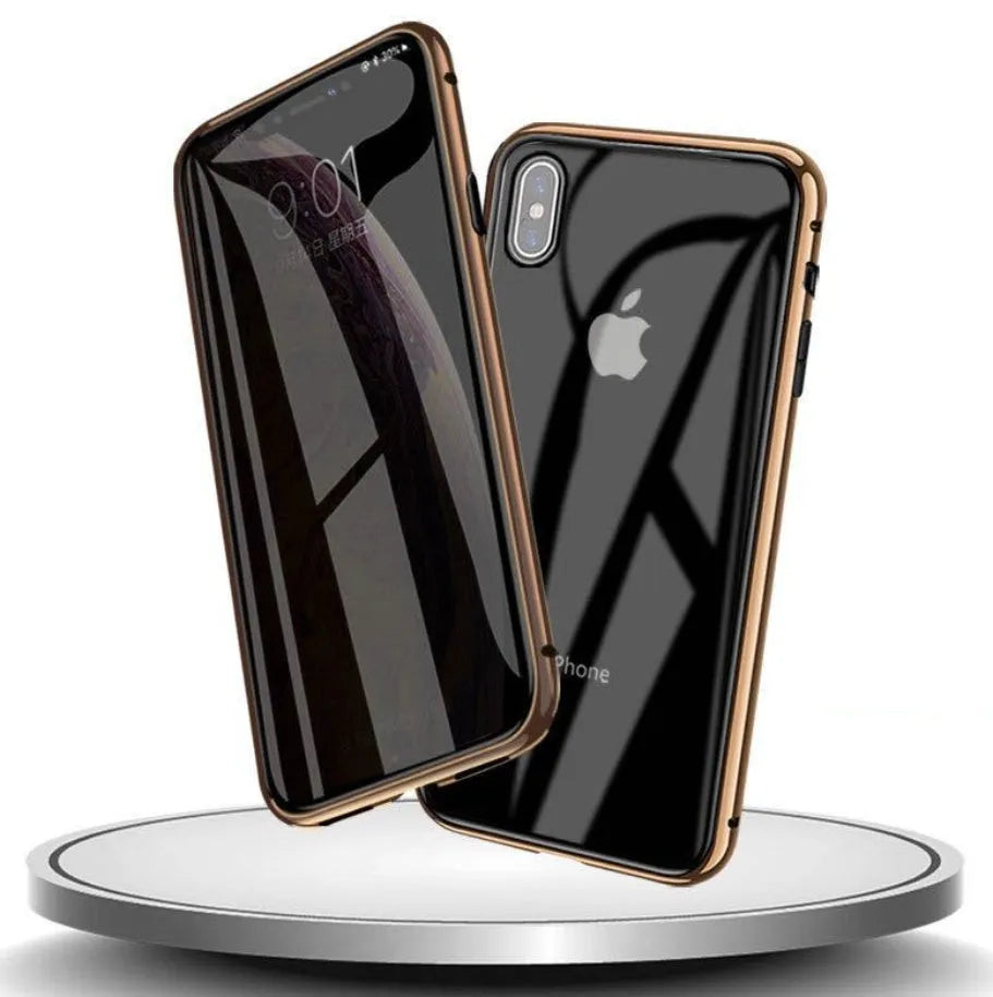 Glass anti-spy mobile phone case for iPhone with clamshell design and geometric pattern in multiple colours.