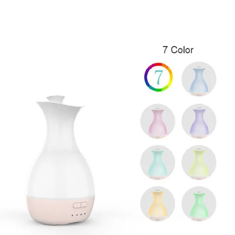 White ultrasonic humidifier diffuser with colourful LED night lights and mist output