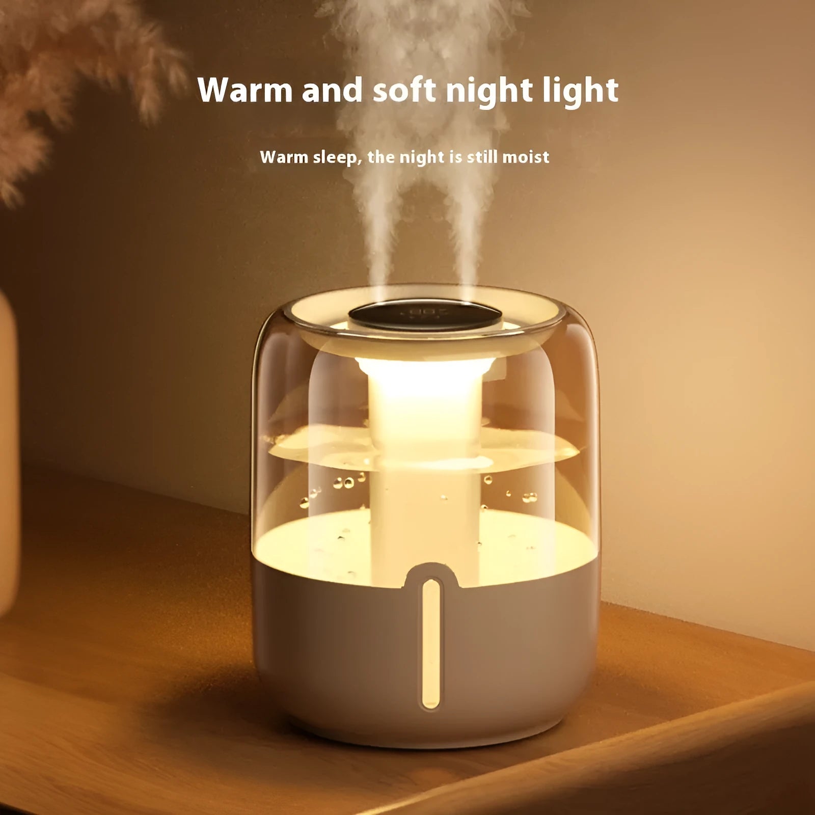 Beige round large capacity USB household humidifier with display and night light