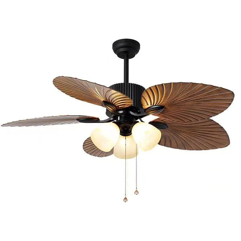 Retro-style ceiling fan light with wooden blades and five copper lampshades