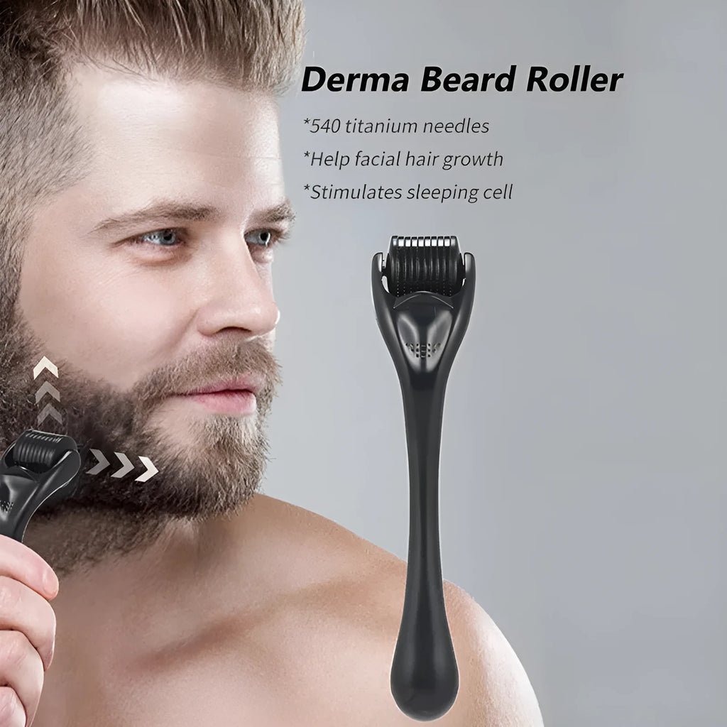 Black derma roller with 540 titanium micro-needles for face, hair, beard and scalp care