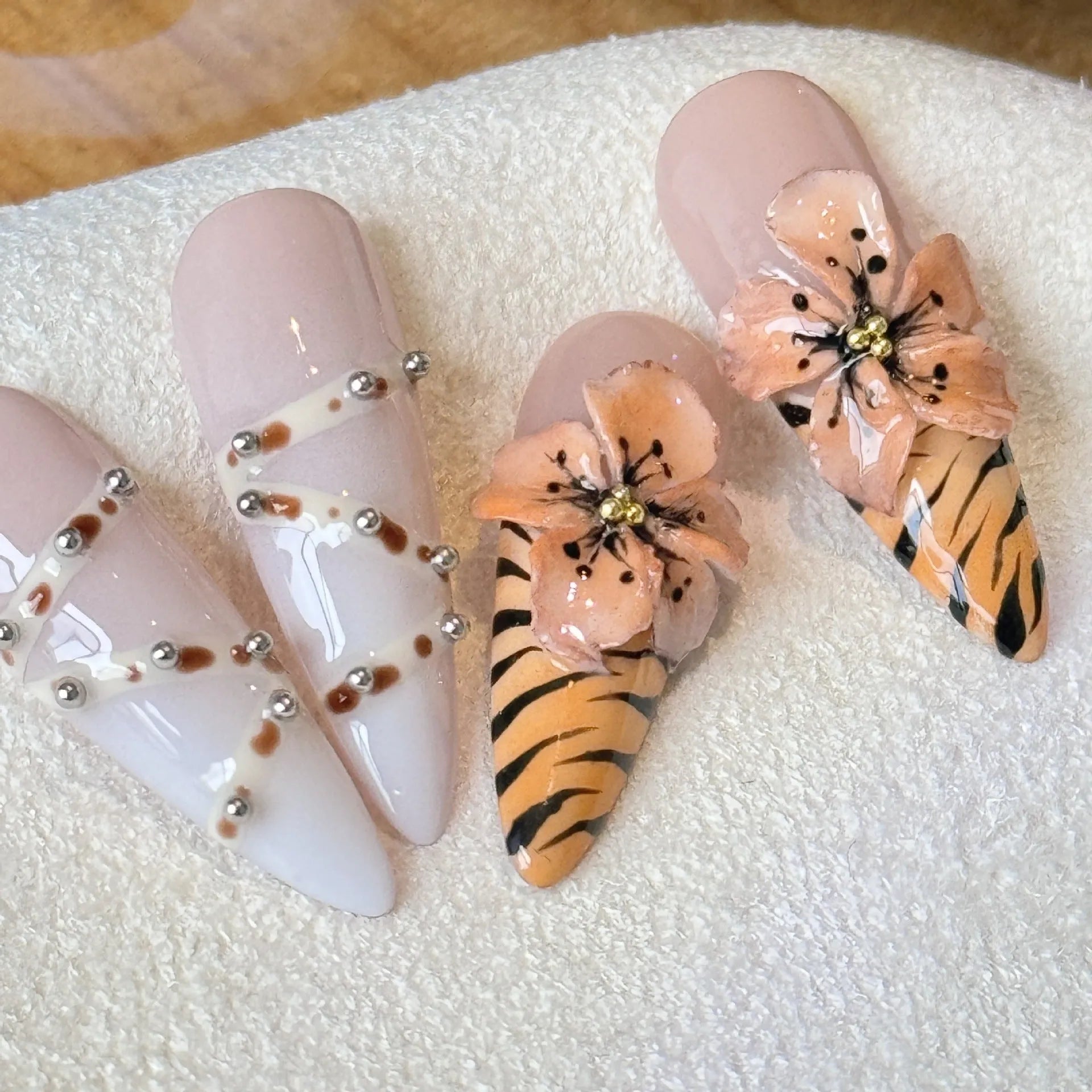 French leopard print false nail set with cross and floral patterns in four sizing options