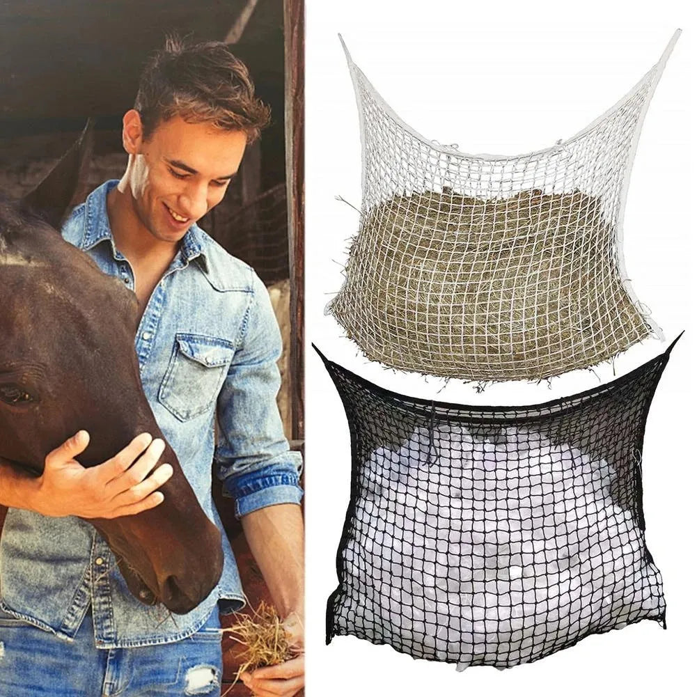 Black woven PE rope hanging feeding bag with grid mesh, sized for a horse.