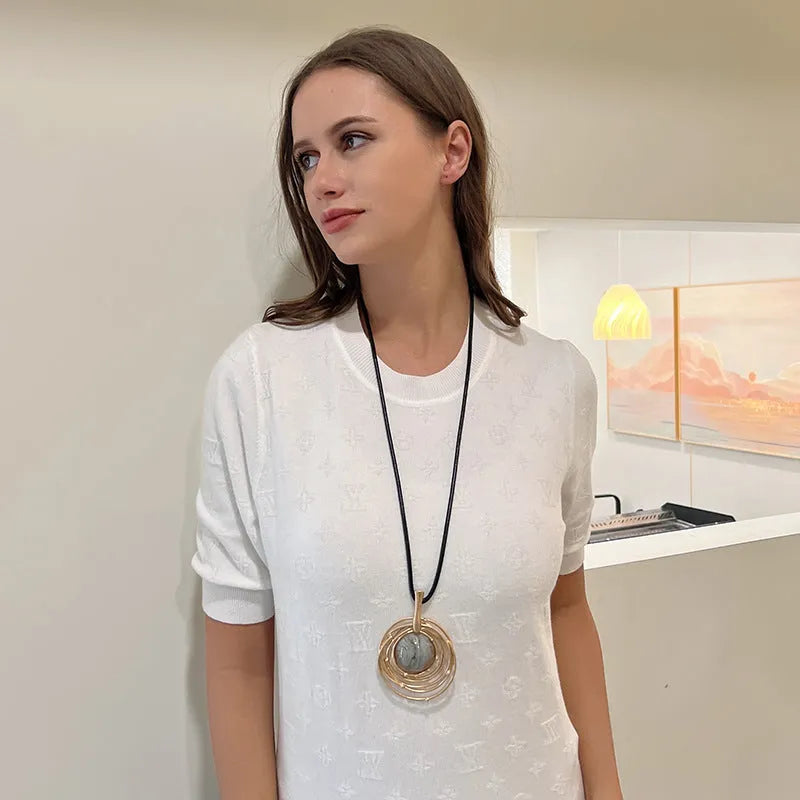Gold geometric plaid pendant necklace with textured snakeskin chain adjustable from 51cm to 80cm
