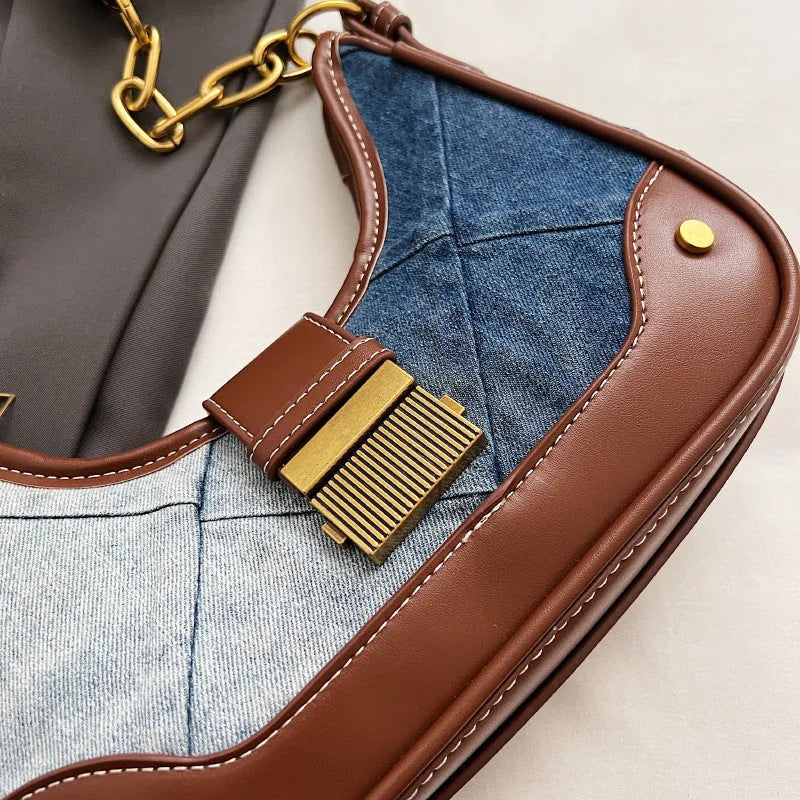Brown denim women's shoulder bag with diamond chain design and phone compartment