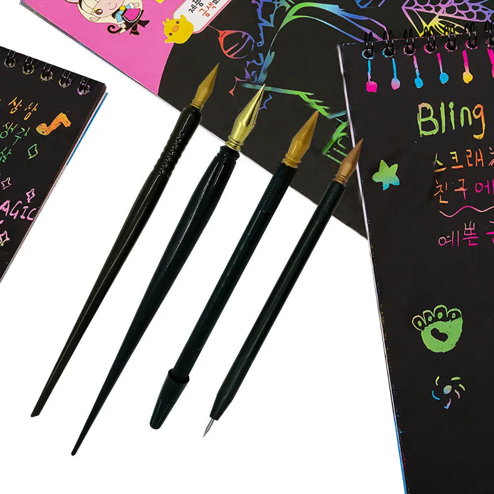 Children's scratch art pen with paper brush attachment for rainbow scratch painting projects