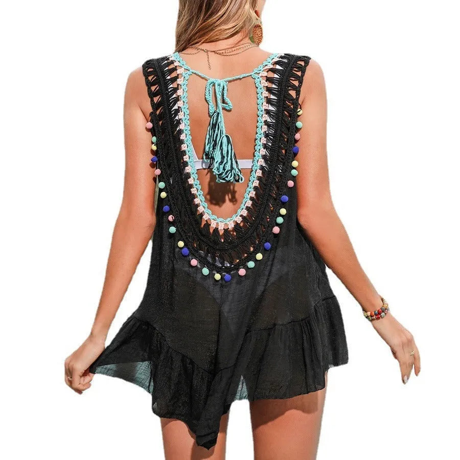 Black hand-crocheted women's beach cover-up vest with ruffled cut-out design