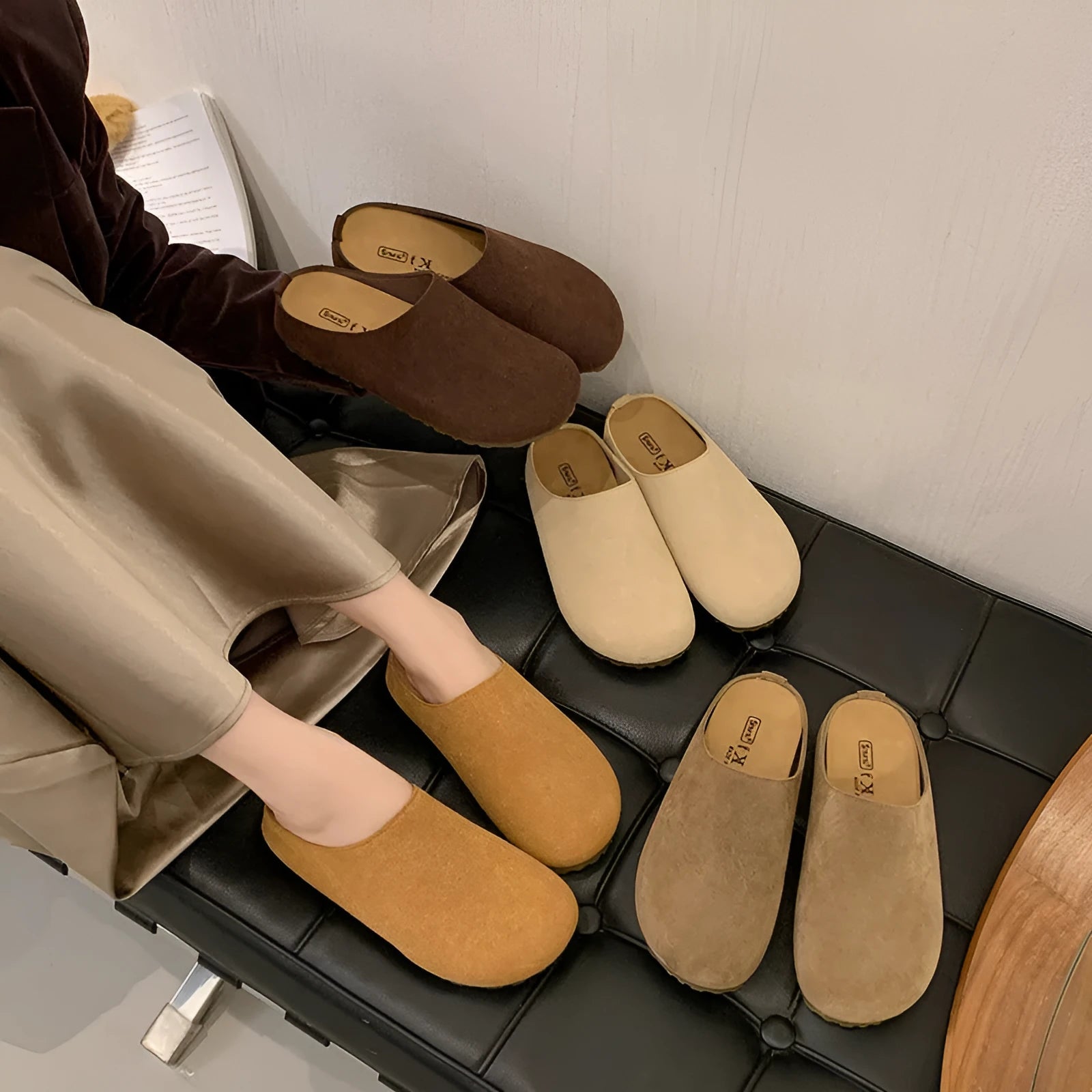 Korean style microfiber slip-on slippers with square toe in apricot colour