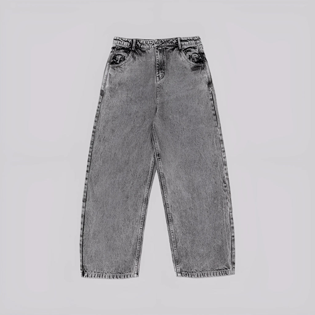 Grey loose fit straight-leg denim trousers for men and women on a neutral background