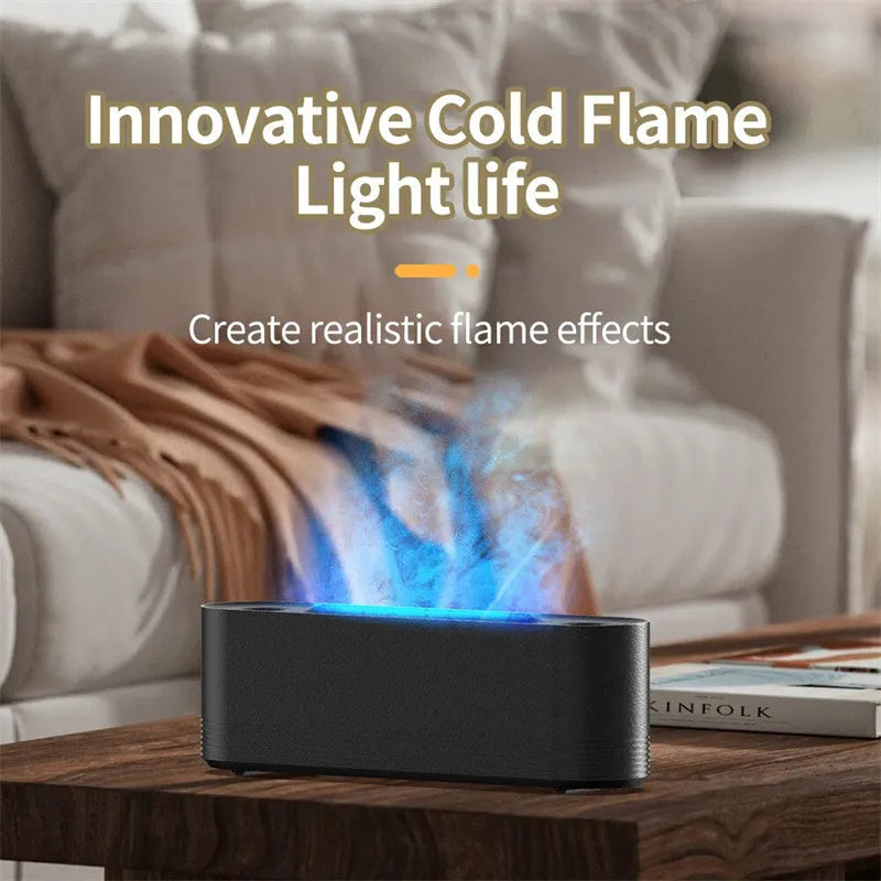 Flame Air ultrasonic humidifier and aroma diffuser with LED lights in black plastic housing