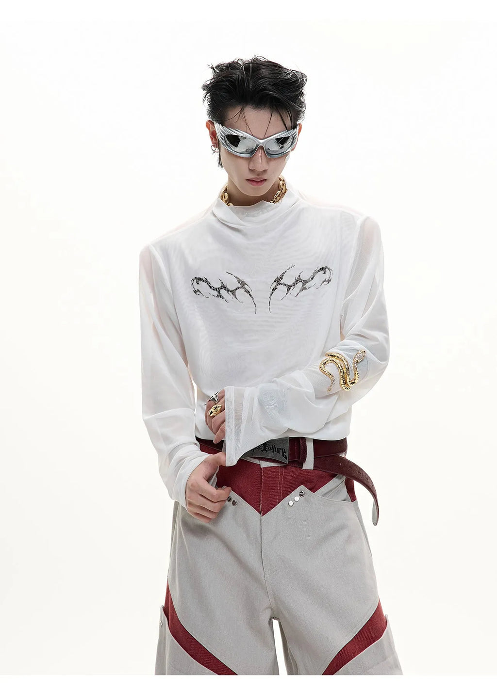 Black and white mesh ice-feel slim fit long sleeve bottoming shirt for layering