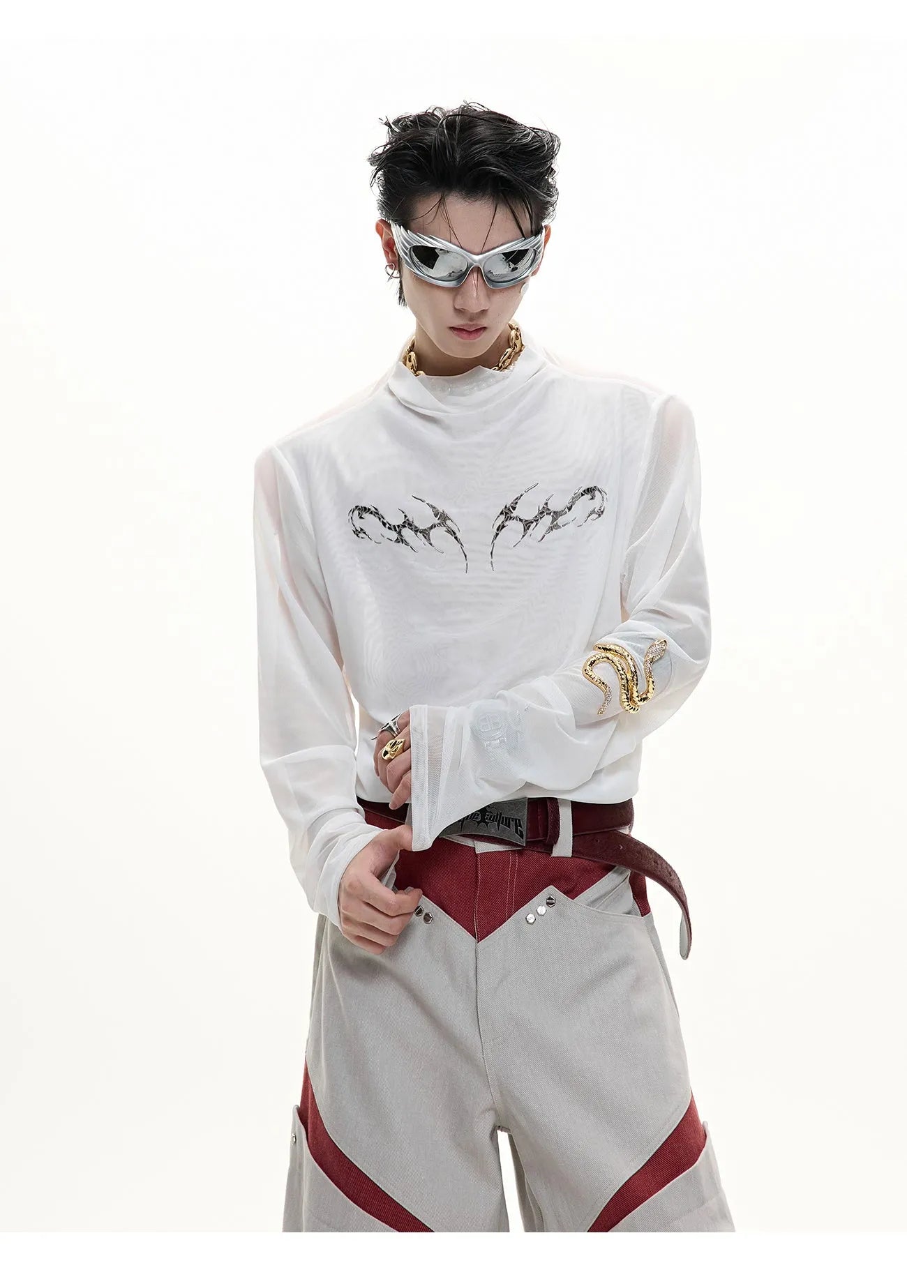 Black and white mesh ice-feel slim fit long sleeve bottoming shirt for layering