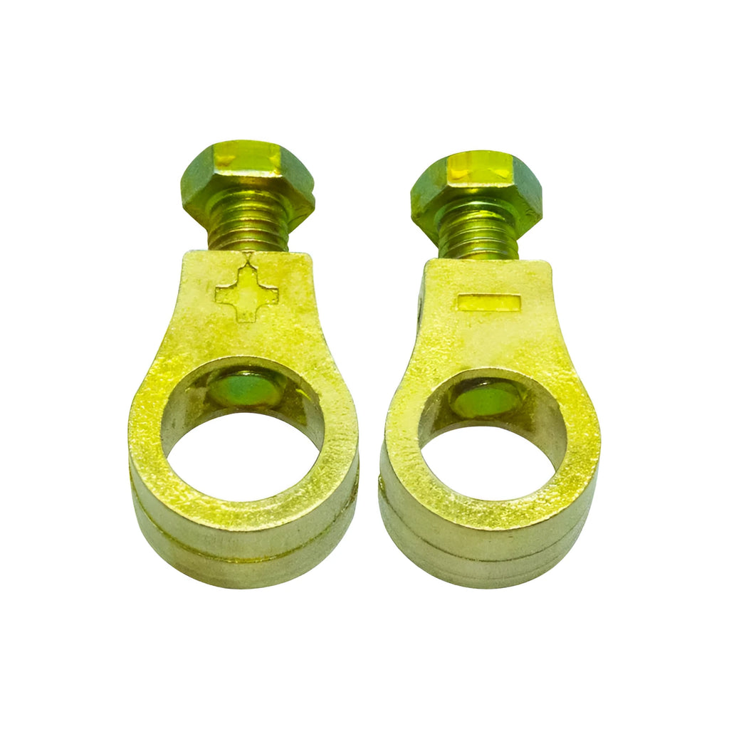 Solid copper car battery cable terminal clamp with brass bolts and a black plastic protective cover.