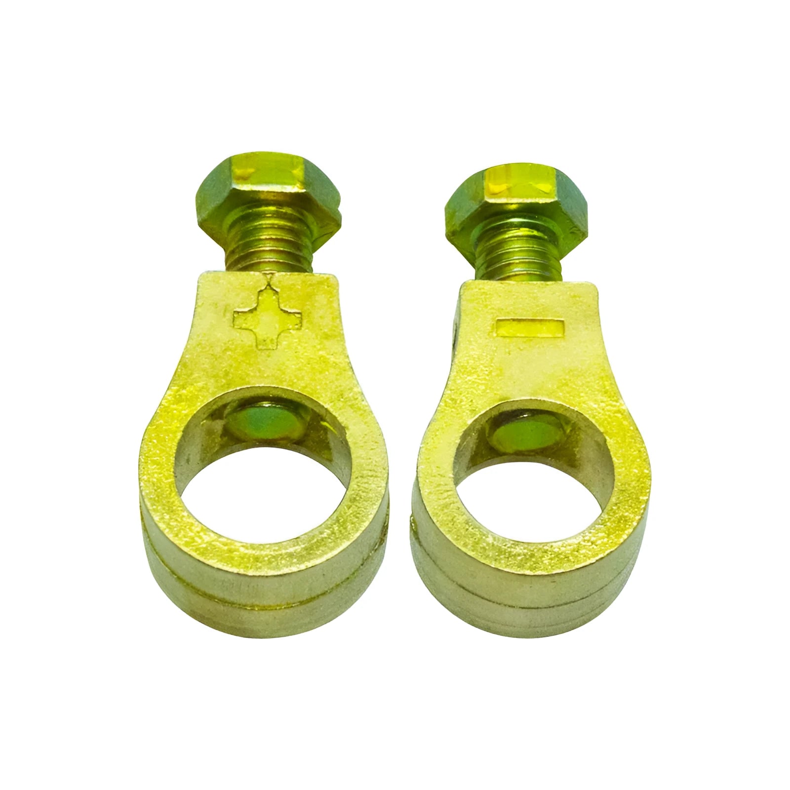 Solid copper car battery cable terminal clamp with brass bolts and a black plastic protective cover.