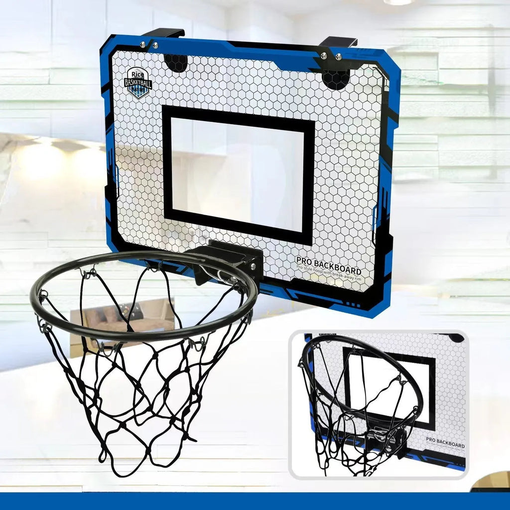Red folding basketball frame with suction cups mounted on wall showing dual-use iron hook design