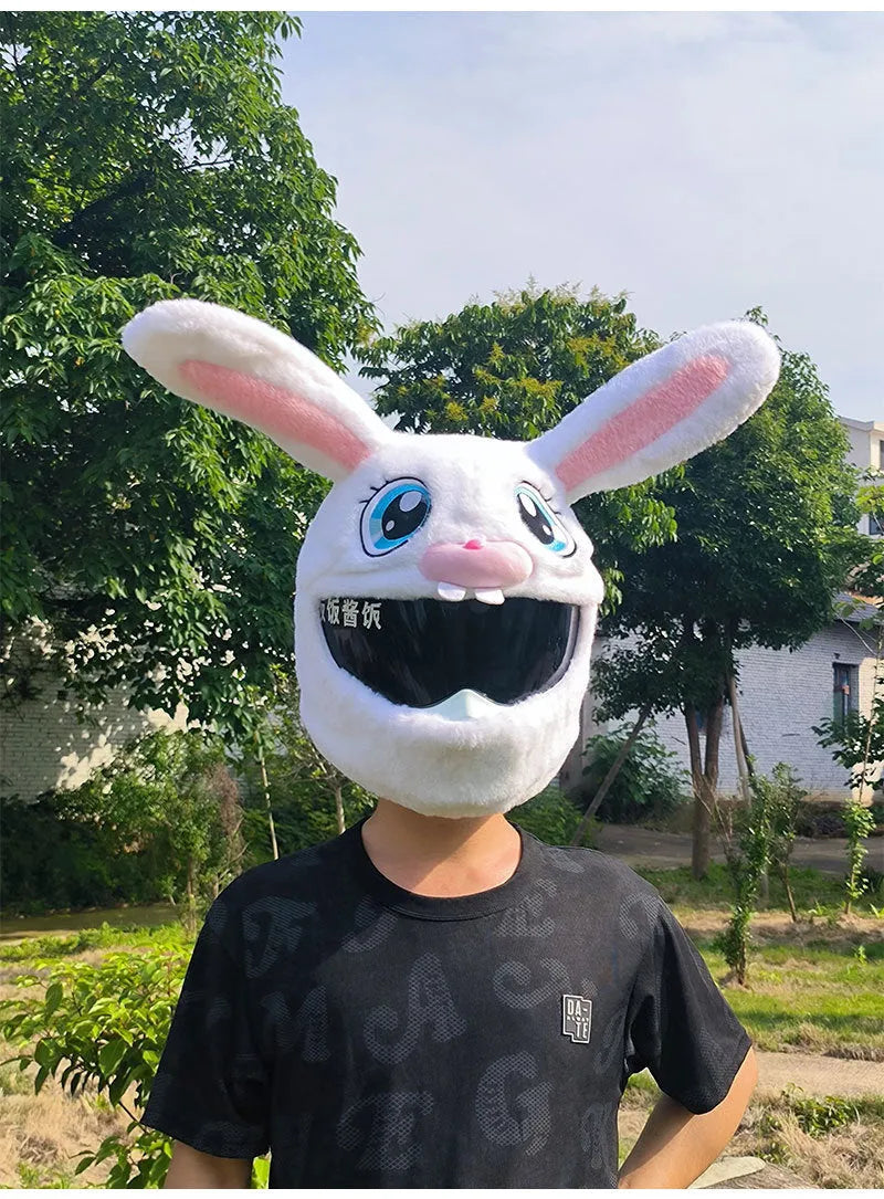 White rabbit head decorative cover for electric motorcycle helmet with plush fabric and long ear design