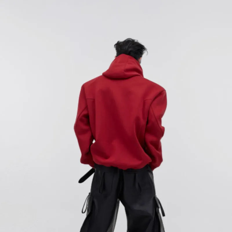 Men's loose hooded sweater with heavy shoulder pads and metallic three-dimensional printing in red colour