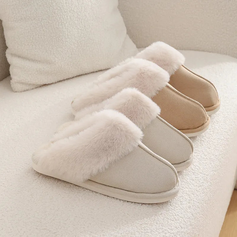 Women's plush winter slippers with artificial wool lining and anti-slip PVC soles in multiple colours